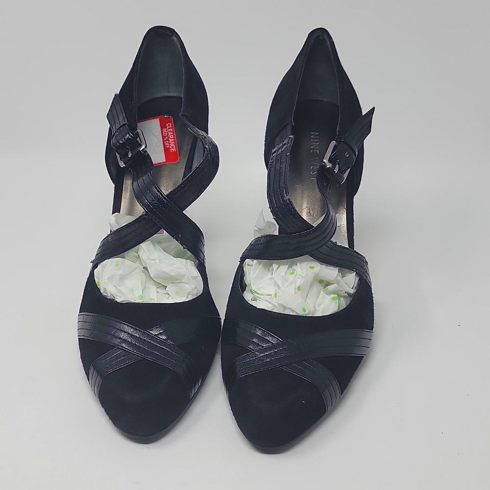 Nine West Suede and Leather Peep Toe Criss Cross Strap Heels